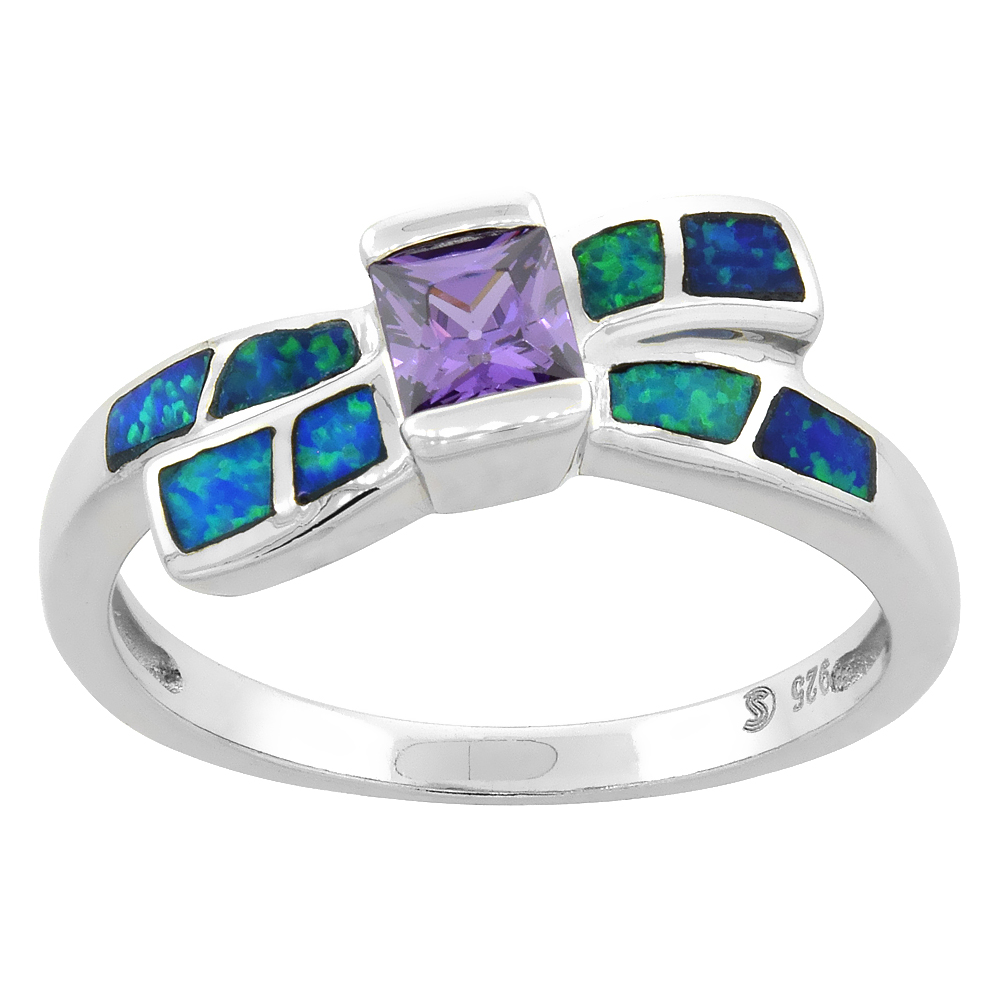 STERLING SILVER BLUE SYNTHETIC OPAL BYPASS RING FOR WOMEN PRINCESS CUT AMETHYST CZ CENTER 7/16 INCH