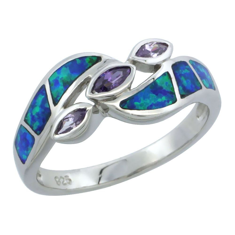 STERLING SILVER BLUE SYNTHETIC OPAL MARQUISE BYPASS RING FOR WOMEN 3 AMETHYST CZ STONES 3/8 INCH