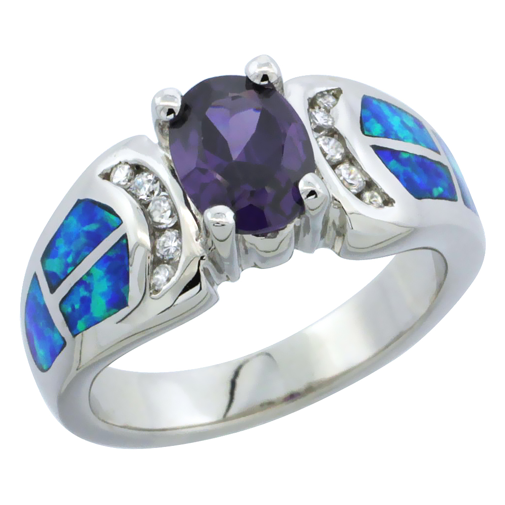 STERLING SILVER BLUE SYNTHETIC OPAL OVAL RING FOR WOMEN AMETHYST CZ 3/8 INCH