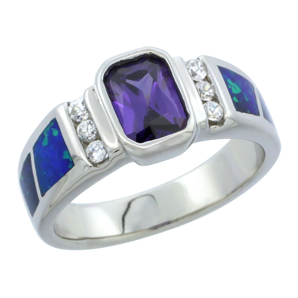 STERLING SILVER BLUE SYNTHETIC OPAL CUSHION CUT RING FOR WOMEN AMETHYST CZ 3/8 INCH