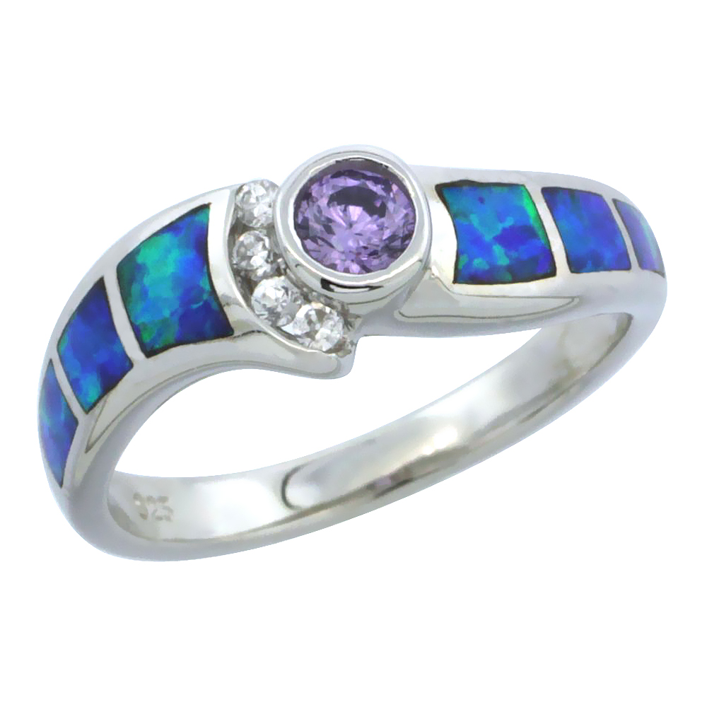 STERLING SILVER BLUE SYNTHETIC OPAL WAVY RING FOR WOMEN WHITE & ROUND AMETHYST CZ 1/4 INCH