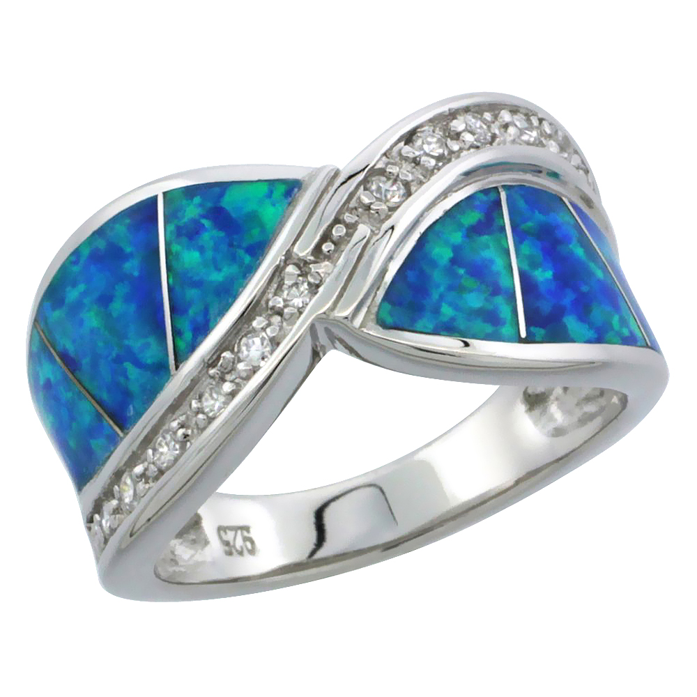 STERLING SILVER BLUE SYNTHETIC OPAL BYPASS BAND RING FOR WOMEN CZ ACCENT 1/2 INCH