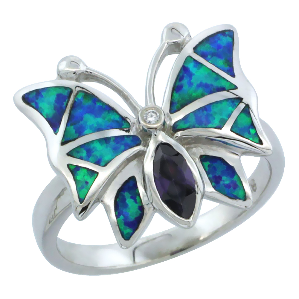 STERLING SILVER BLUE SYNTHETIC OPAL BUTTERFLY RING FOR WOMEN MARQUISE AMETHYST CZ CENTER 5/8 INCH