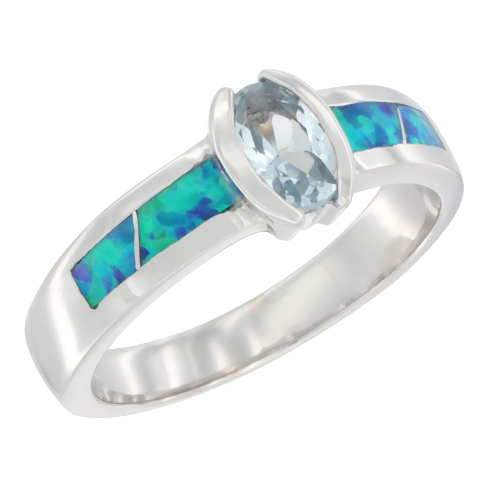 STERLING SILVER BLUE SYNTHETIC OPAL OVAL RING FOR WOMEN CHANNEL SET BLUE TOPAZ CZ CENTER 5/16 INCH