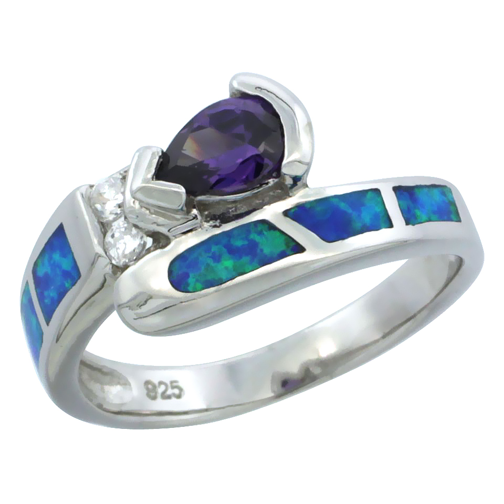 STERLING SILVER BLUE SYNTHETIC OPAL TEARDROP BYPASS RING FOR WOMEN AMETHYST CZ CENTER 3/8 INCH