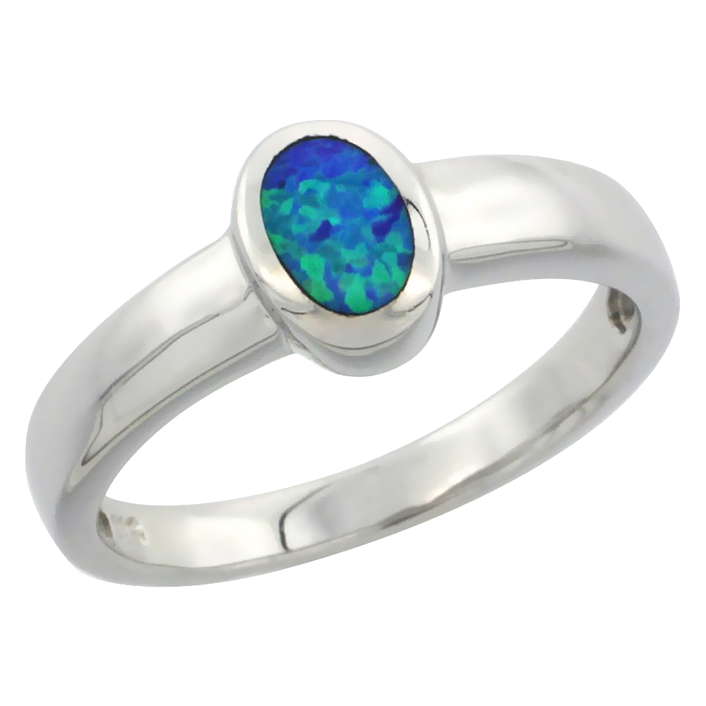STERLING SILVER BLUE SYNTHETIC OPAL OVAL SOLITAIRE RING FOR WOMEN BEZEL SET 5/16 INCH