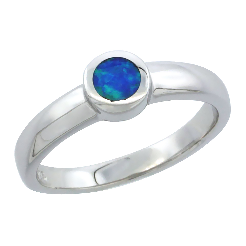 STERLING SILVER BLUE SYNTHETIC OPAL ROUND SOLITAIRE RING FOR WOMEN BEZEL SET 1/4 INCH