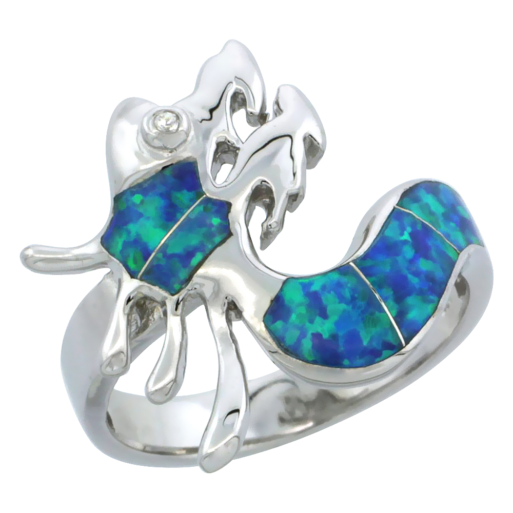 STERLING SILVER BLUE SYNTHETIC OPAL DRAGON RING FOR WOMEN 11/16 INCH