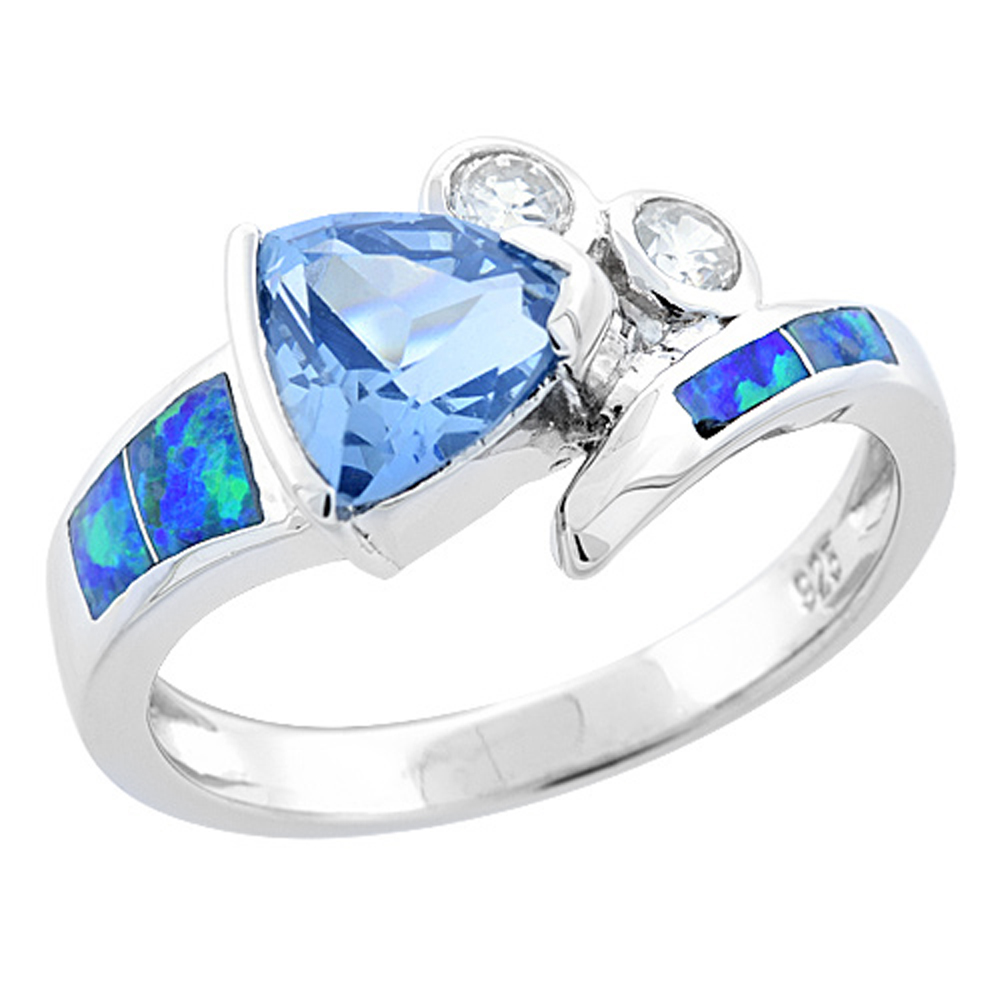 STERLING SILVER BLUE SYNTHETIC OPAL TRILLION CUT RING FOR WOMEN BLUE TOPAZ CZ CENTER & WHITE CZ ACCENT 1/2 INCH