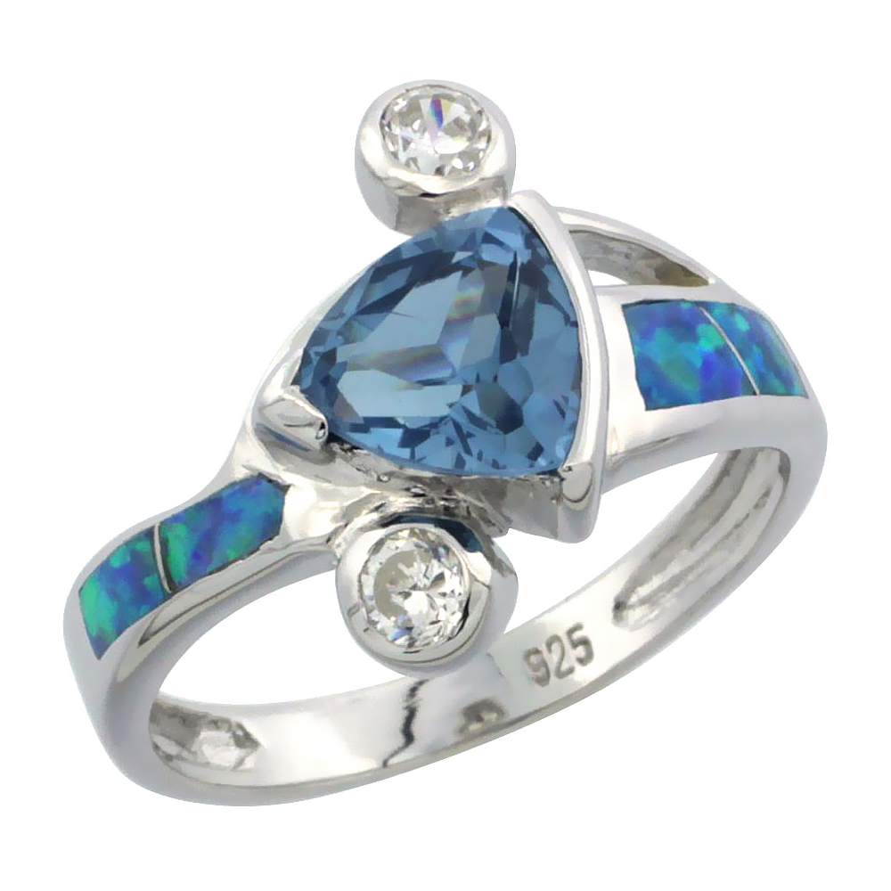 STERLING SILVER BLUE SYNTHETIC OPAL TRILLION CUT RING FOR WOMEN WHITE & BLUE TOPAZ CZ 11/16 INCH