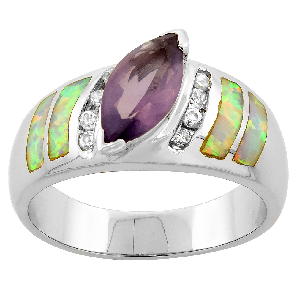 STERLING SILVER BLUE SYNTHETIC OPAL MARQUISE RING FOR WOMEN WHITE & AMETHYST CZ 7/16 INCH