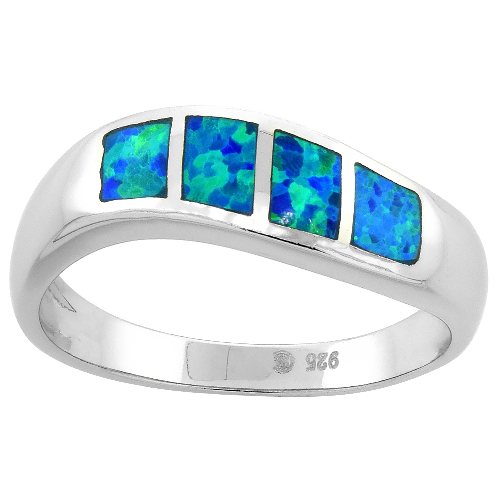 STERLING SILVER BLUE SYNTHETIC OPAL WAVE BAND RING FOR WOMEN 1/4 INCH