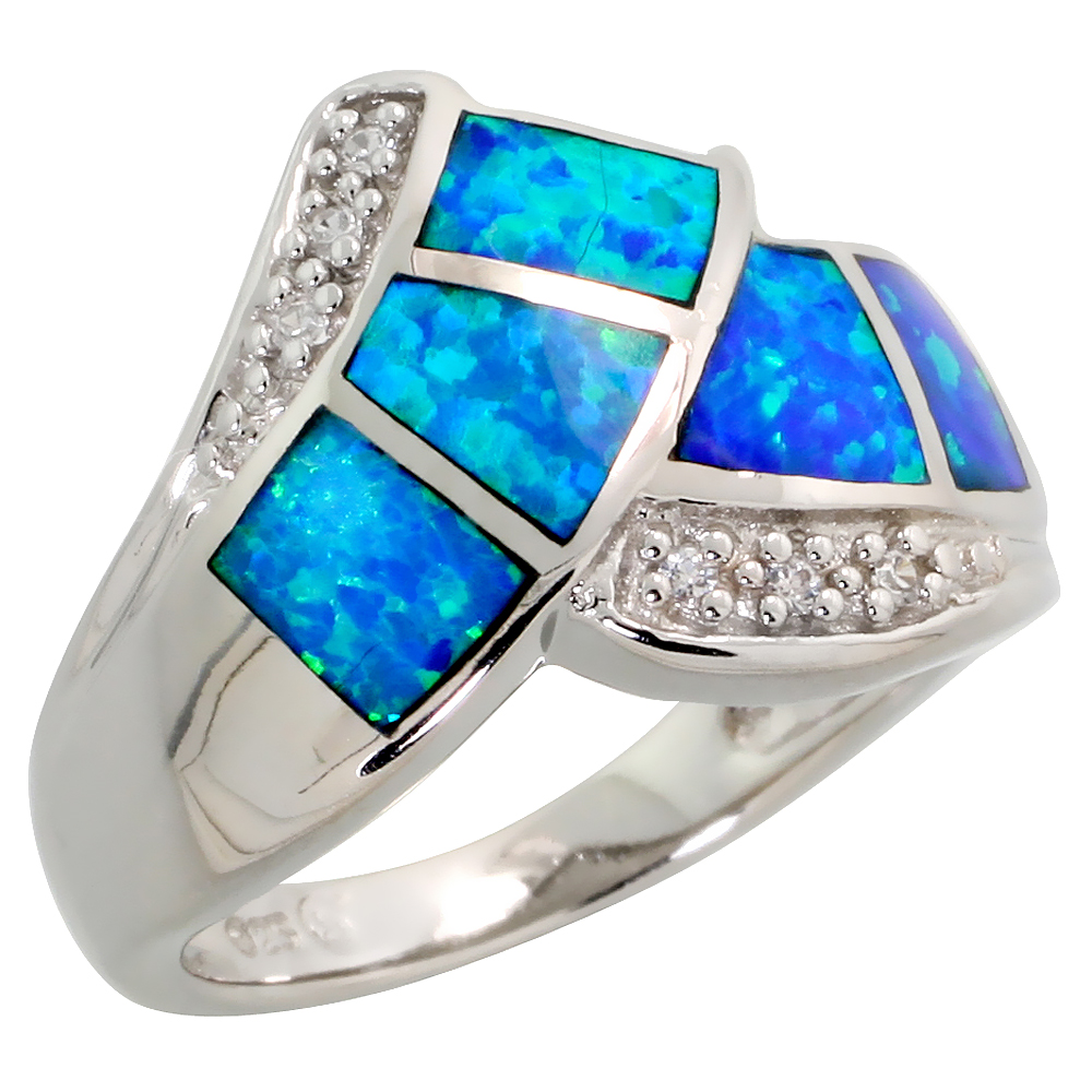 STERLING SILVER BLUE SYNTHETIC OPAL V RING FOR WOMEN CZ ACCENT 9/16 INCH