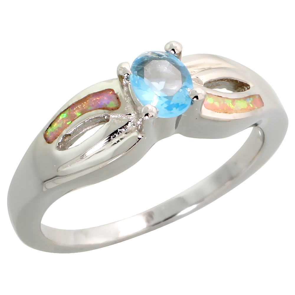DAINTY STERLING SILVER BLUE SYNTHETIC OPAL OVAL RING FOR WOMEN AMETHYST CZ CENTER 1/4 INCH