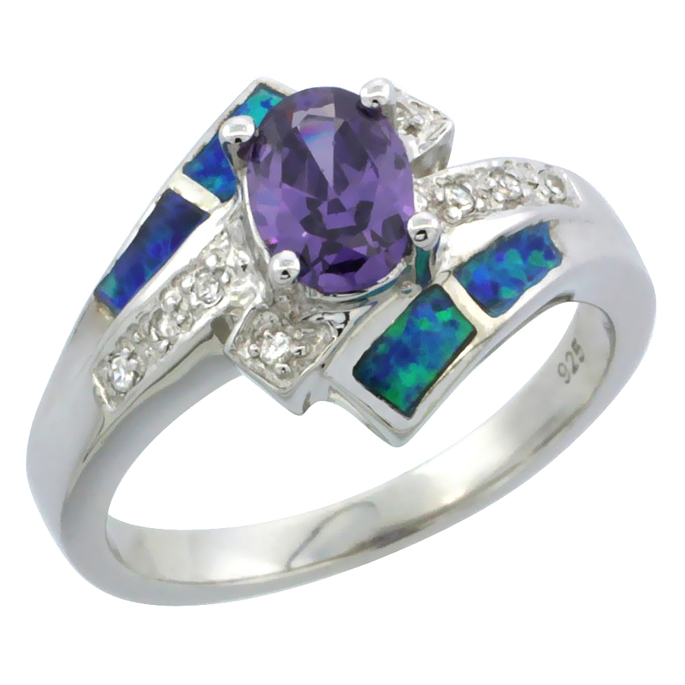 STERLING SILVER BLUE SYNTHETIC OPAL BYASS RING FOR WOMEN WHITE & OVAL AMETHYST CZ 1/2 INCH