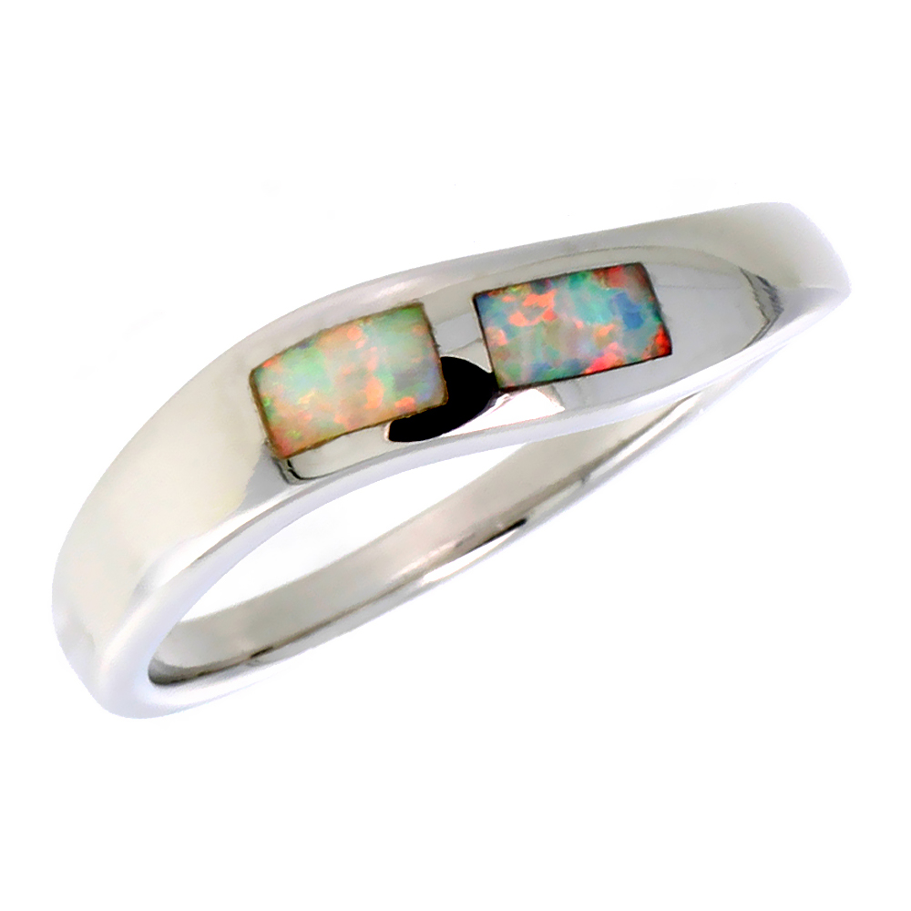 DAINTY STERLING SILVER BLUE SYNTHETIC OPAL WAVY BAND STACKING RING FOR WOMEN 3/16 INCH