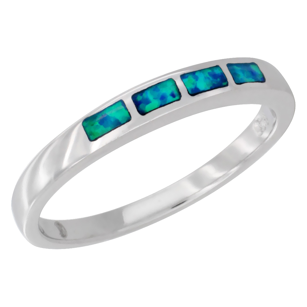 Dainty Sterling Silver Blue Synthetic Opal Band Stacking Ring for Women 3/16 inch