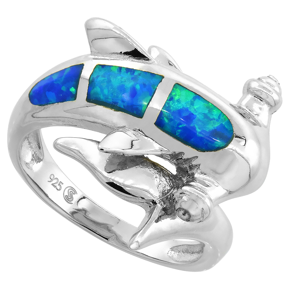 STERLING SILVER BLUE SYNTHETIC OPAL HAMMERHEAD SHARK RING FOR WOMEN 3/4 INCH