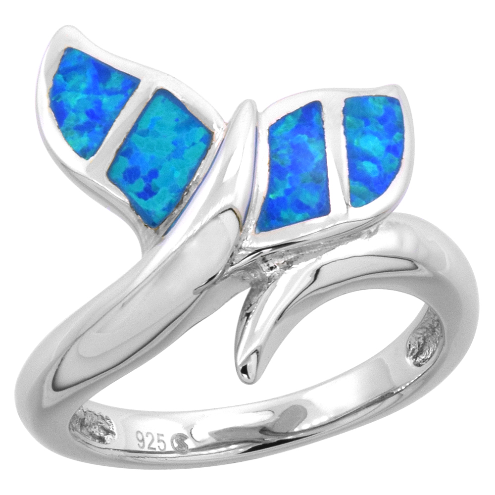 STERLING SILVER BLUE SYNTHETIC OPAL WHALE TAIL RING FOR WOMEN 3/4 INCH