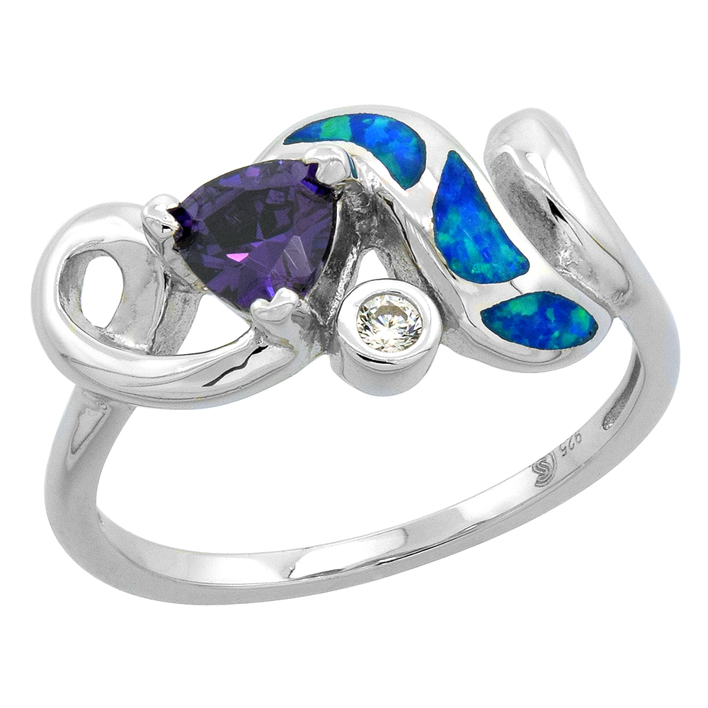 Sterling Silver Synthetic Pink Opal Swirl Ring Trillion Blue Topaz CZ Cubic Zirconia Accent, 7/16 inch