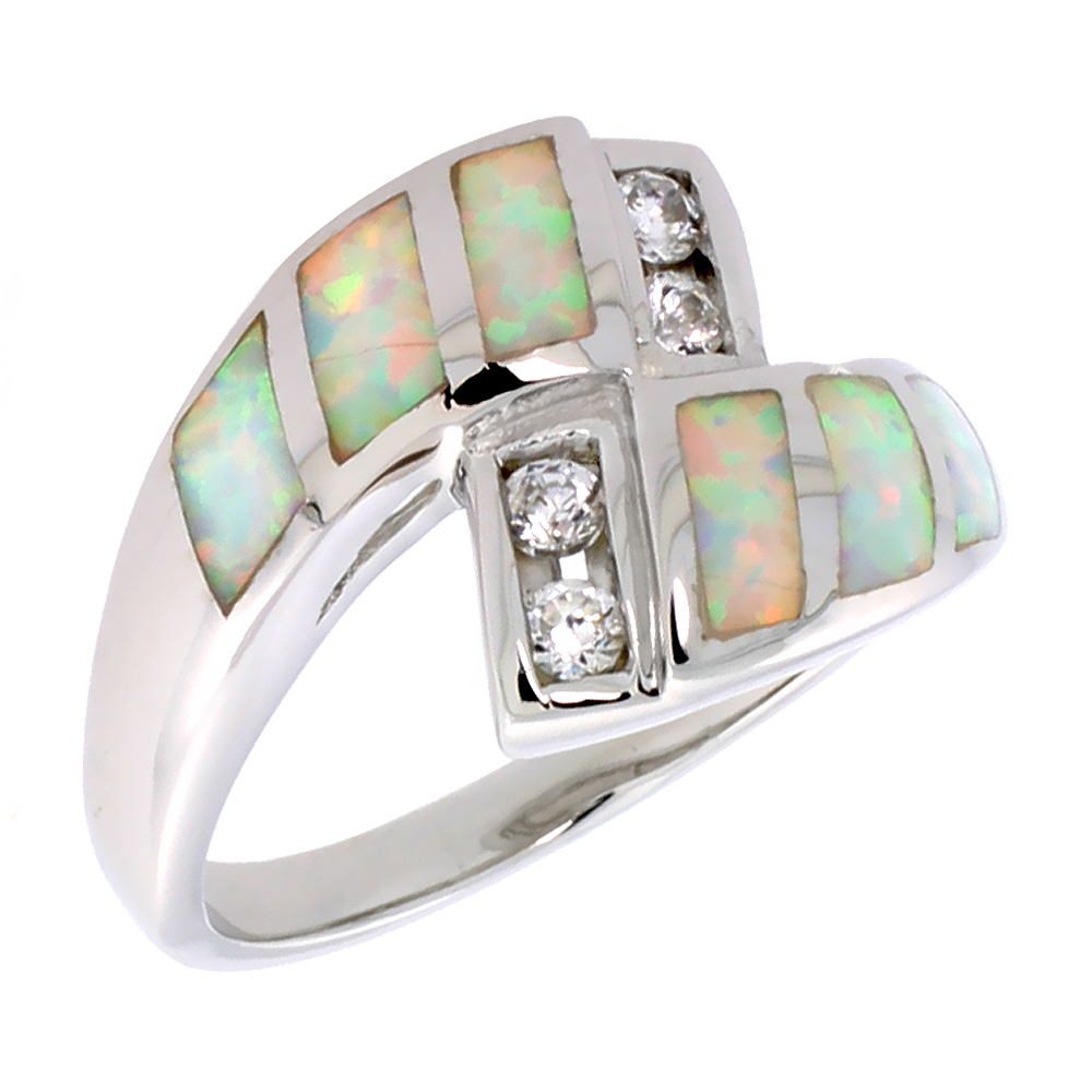 STERLING SILVER BLUE SYNTHETIC OPAL BYPASS RING FOR WOMEN CZ ACCENT FLAT 7/16 INCH