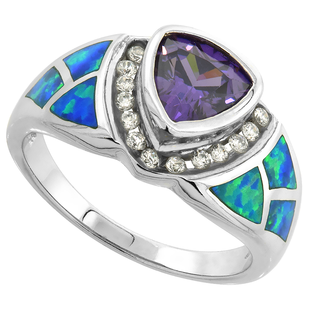 STERLING SILVER BLUE SYNTHETIC OPAL TRILLION CUT DOME RING FOR WOMEN WHITE & AMETHYST CZ 1/2 INCH