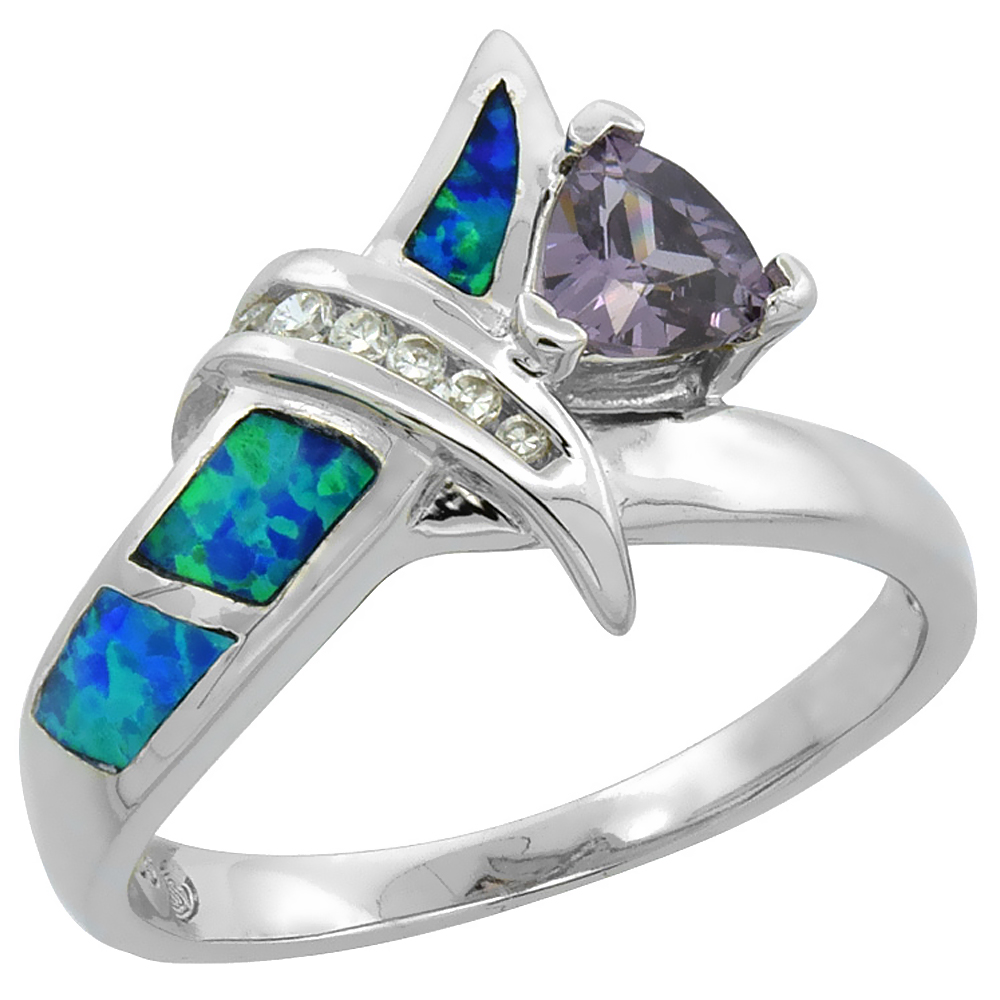 STERLING SILVER BLUE SYNTHETIC OPAL TRILLION CUT KNOT RING FOR WOMEN WHITE & AMETHYST CZ 9/16 INCH