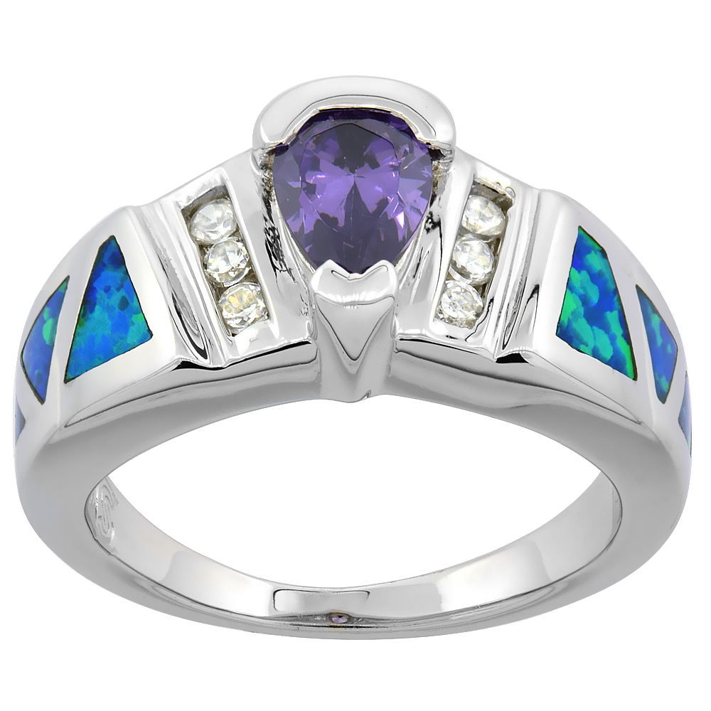 STERLING SILVER BLUE SYNTHETIC OPAL TEARDROP RING FOR WOMEN WHITE & AMETHYST CZ 7/16 INCH