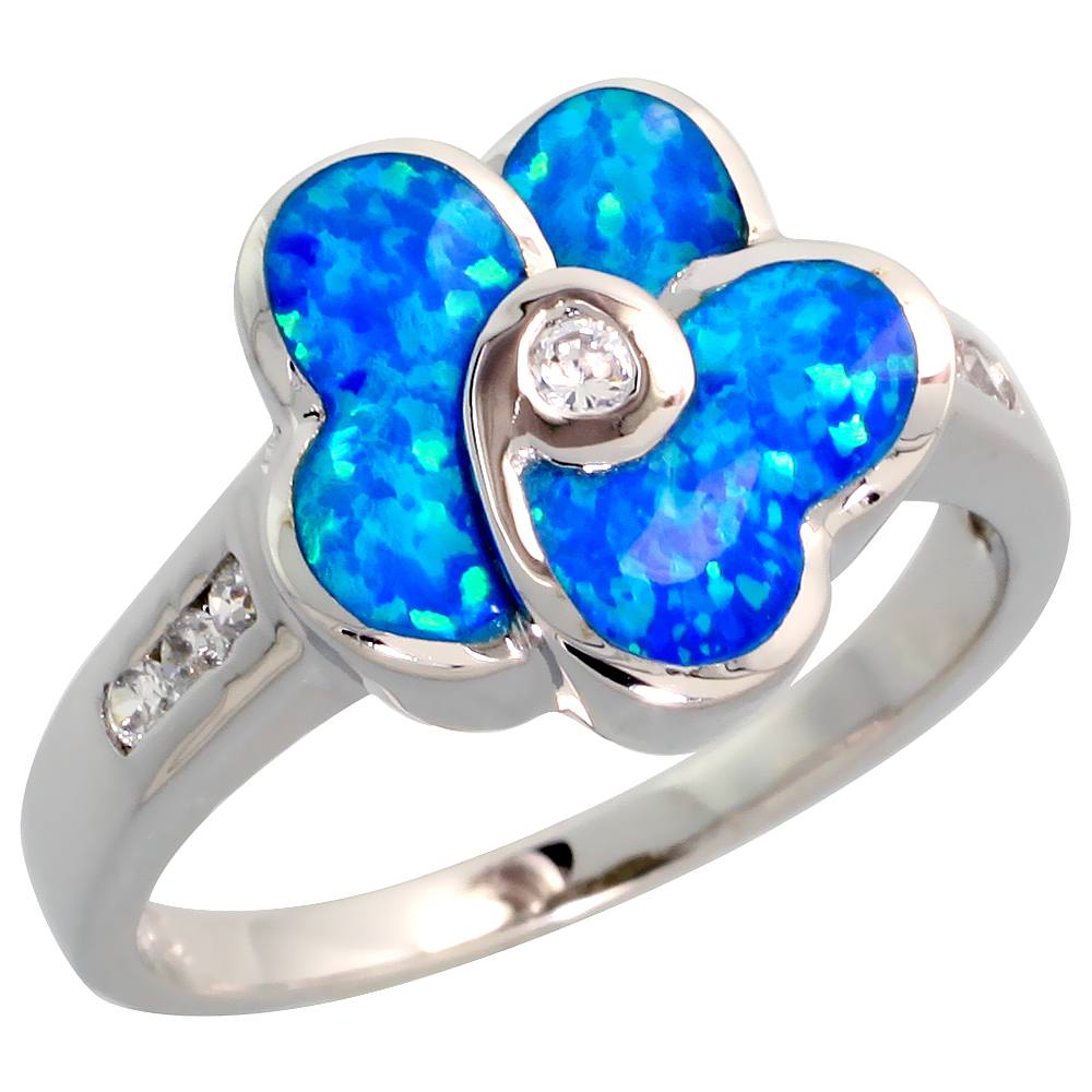 STERLING SILVER BLUE SYNTHETIC OPAL PLUMERIA FLOWER RING FOR WOMEN CZ ACCENT 5/8 INCH