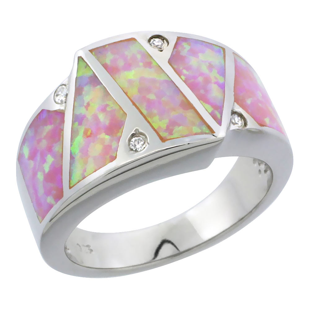 STERLING SILVER SYNTHETIC OPAL CIGAR BAND RING FOR WOMEN PARALLELOGRAM INLAY CZ ACCENT 1/2 INCH WIDE