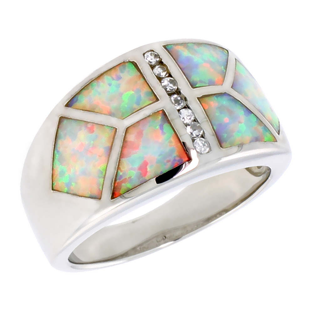 STERLING SILVER SYNTHETIC OPAL FLAT CIGAR BAND RING FOR WOMEN TRAPEZOID INLAY CHANNEL SET CZ CENTER 1/2 INCH WIDE