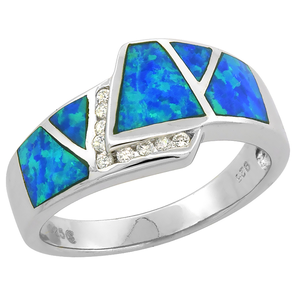 STERLING SILVER BLUE SYNTHETIC OPAL OVERLAP RING FOR WOMEN CZ ACCENT 7/16 INCH
