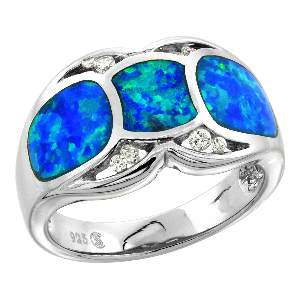 STERLING SILVER BLUE SYNTHETIC OPAL SCALLOPED CIGAR BAND RING FOR WOMEN CZ ACCENT 1/2 INCH