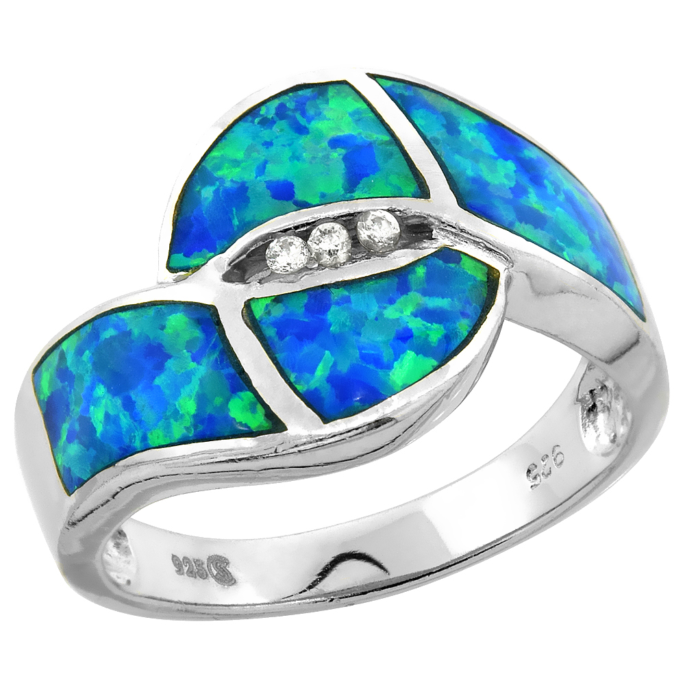 STERLING SILVER BLUE SYNTHETIC OPAL BYPASS RING FOR WOMEN CZ ACCENT 9/16 INCH