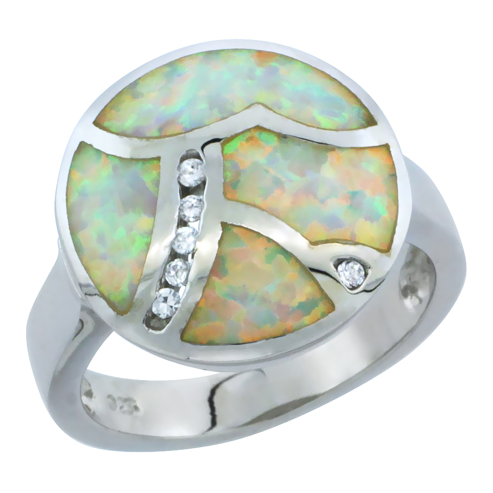 STERLING SILVER BLUE SYNTHETIC OPAL CIRCLE RING FOR WOMEN CZ ACCENT 11/16 INCH