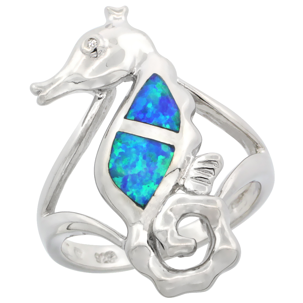 STERLING SILVER BLUE SYNTHETIC OPAL SEAHORSE RING FOR WOMEN CZ ACCENT 1 1/16 INCH
