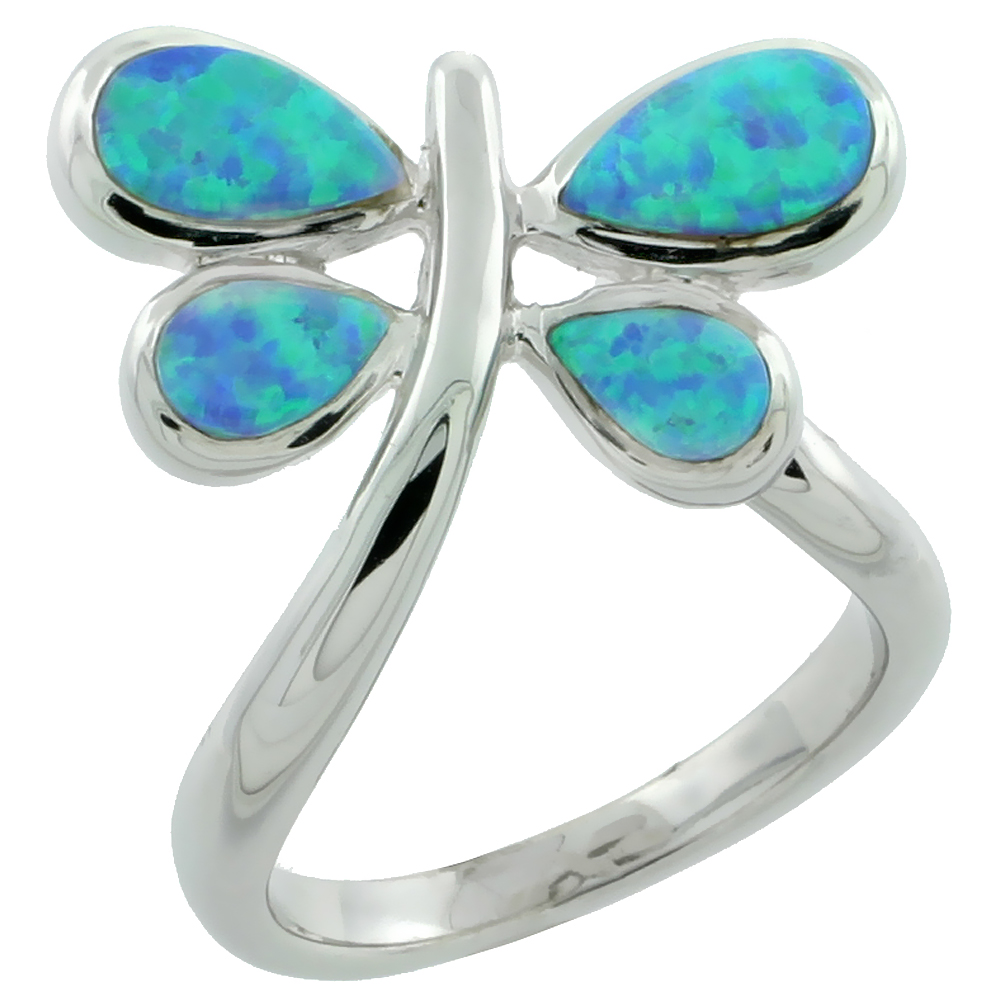 STERLING SILVER BLUE SYNTHETIC OPAL DRAGONFLY RING FOR WOMEN 3/4 INCH