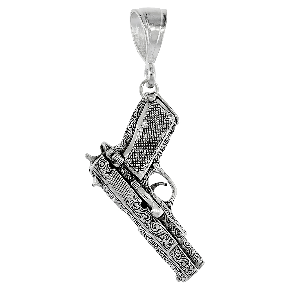 Sterling Silver 9mm Semi-Automatic Movable Pistol Pendant Embellished 2 1/4 inches long