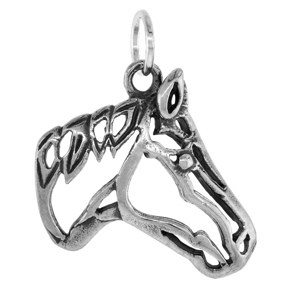 1 1/16 inch Sterling Silver Cut-out Horse Head Pendant Diamond-Cut Oxidized finish NO Chain