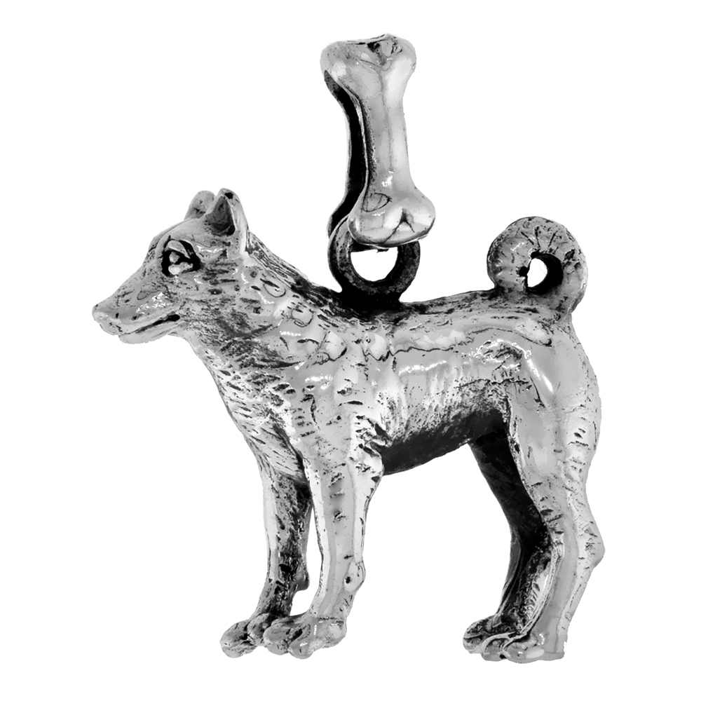 Sterling Silver Norwegian Elkhound Dog Pendant 3-D full Body