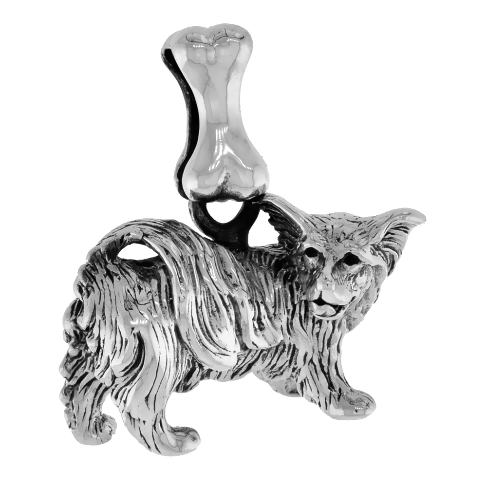 Sterling Silver Papillion Dog Pendant 3-D full Body