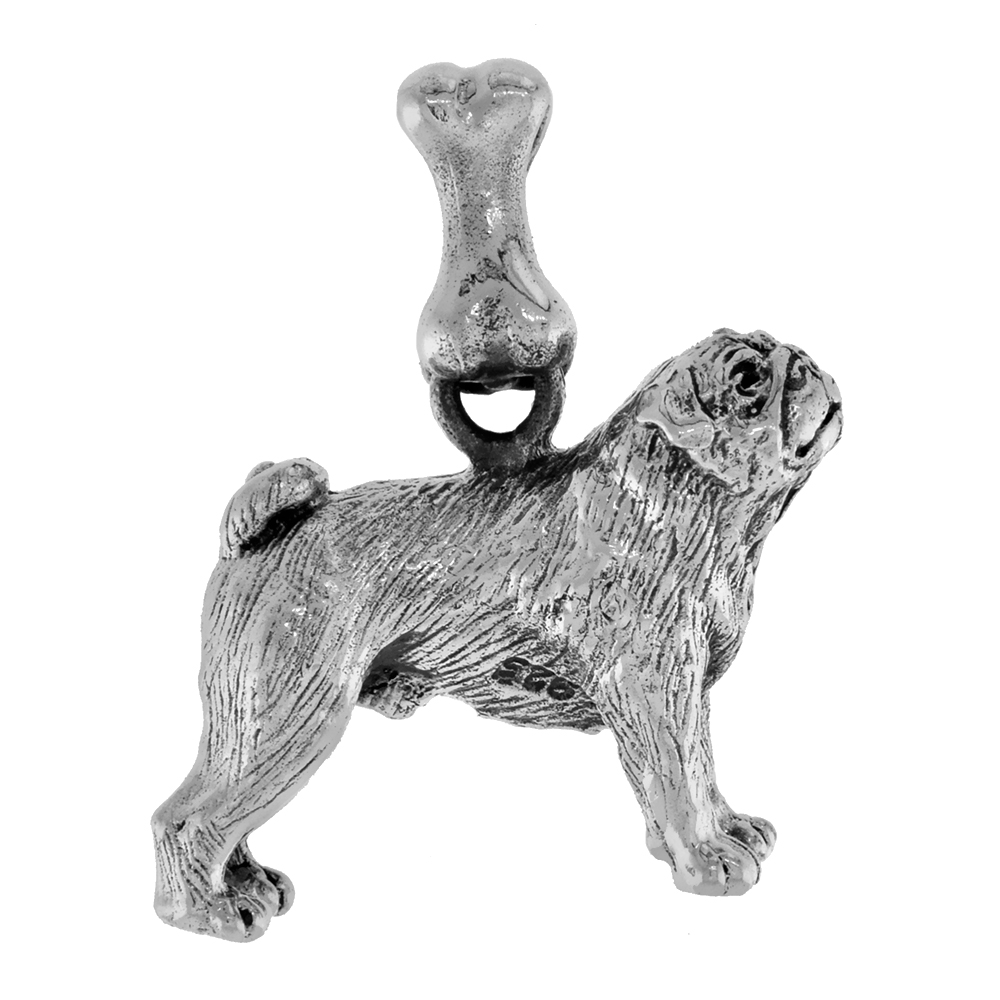 Sterling Silver Pug Dog Pendant 3-D full Body