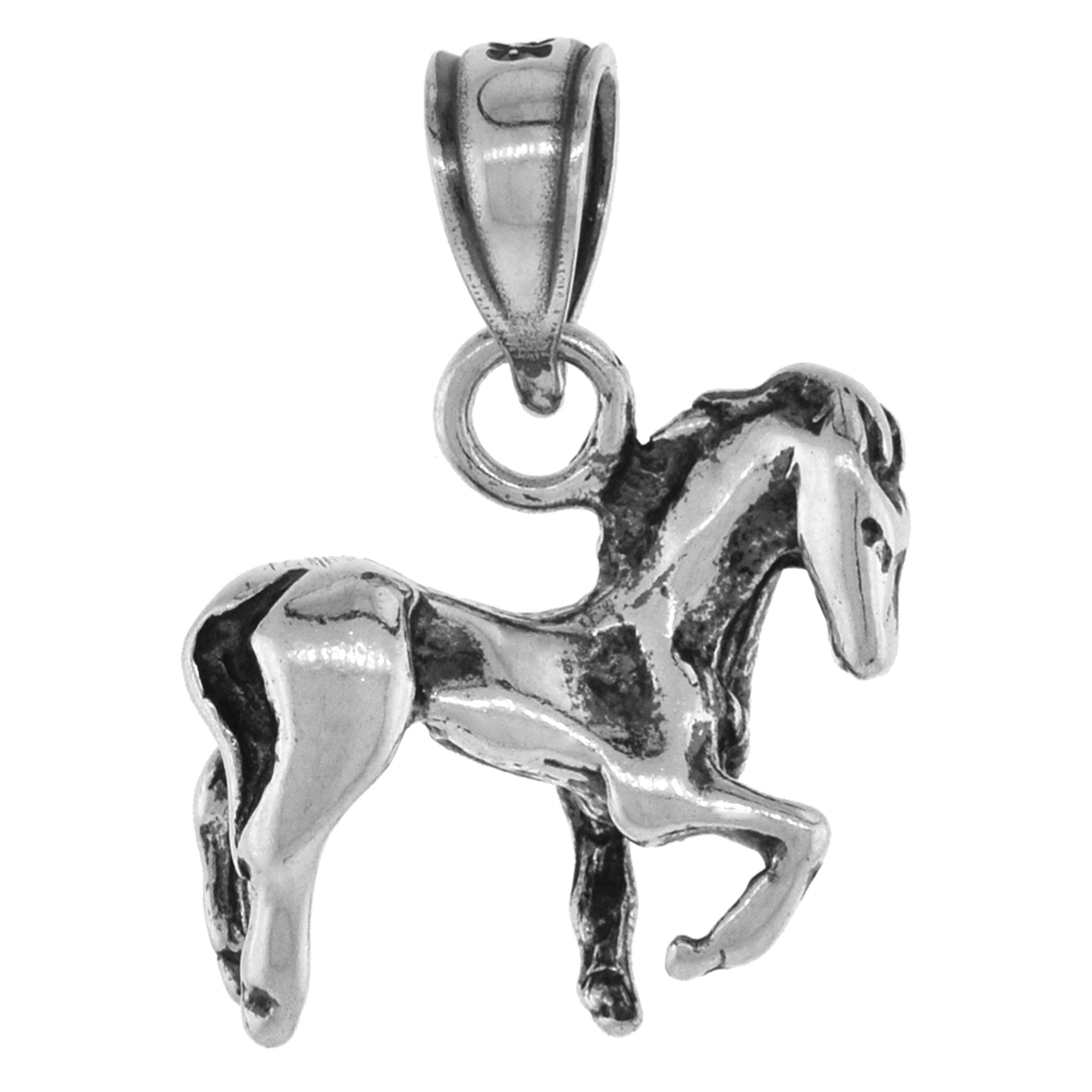 7/8 INCH STERLING SILVER PAWING HORSE PENDANT 3-D DIAMOND-CUT OXIDIZED FINISH NO CHAIN
