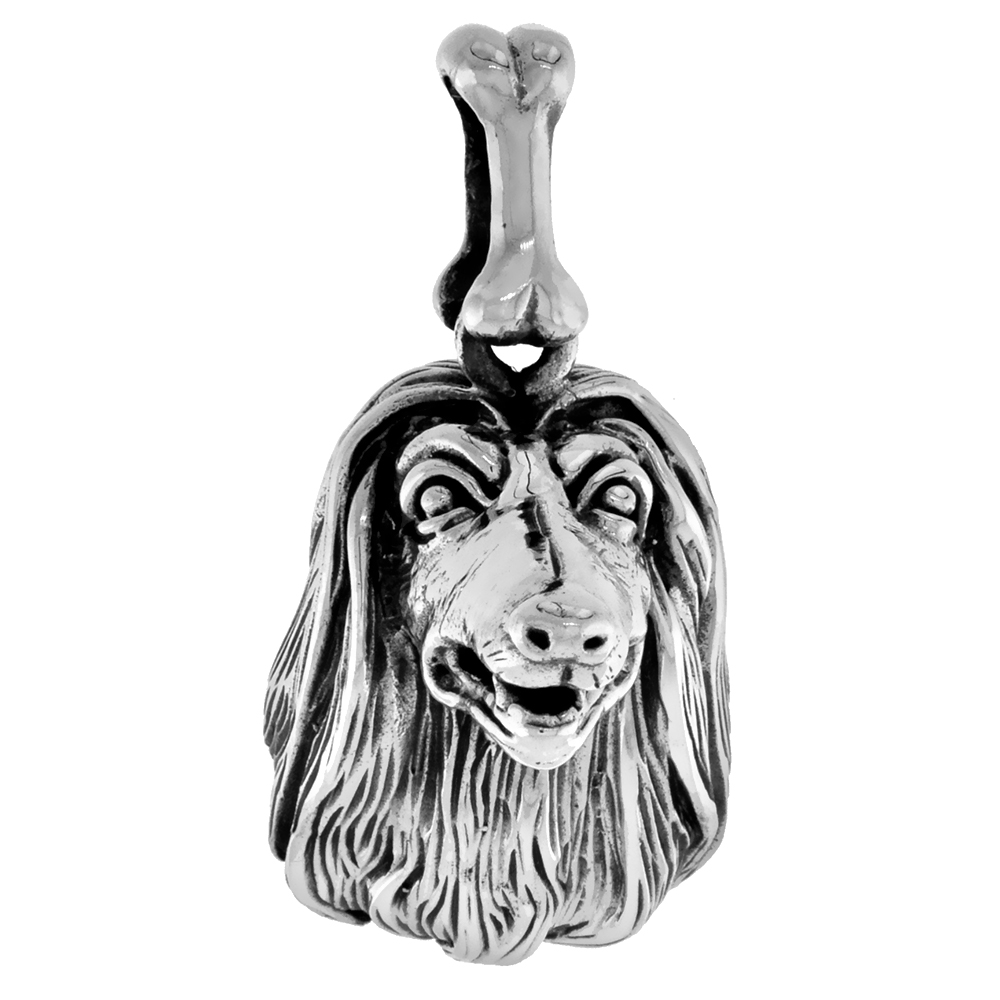 Sterling Silver Afghan Dog Pendant Head Facing Front