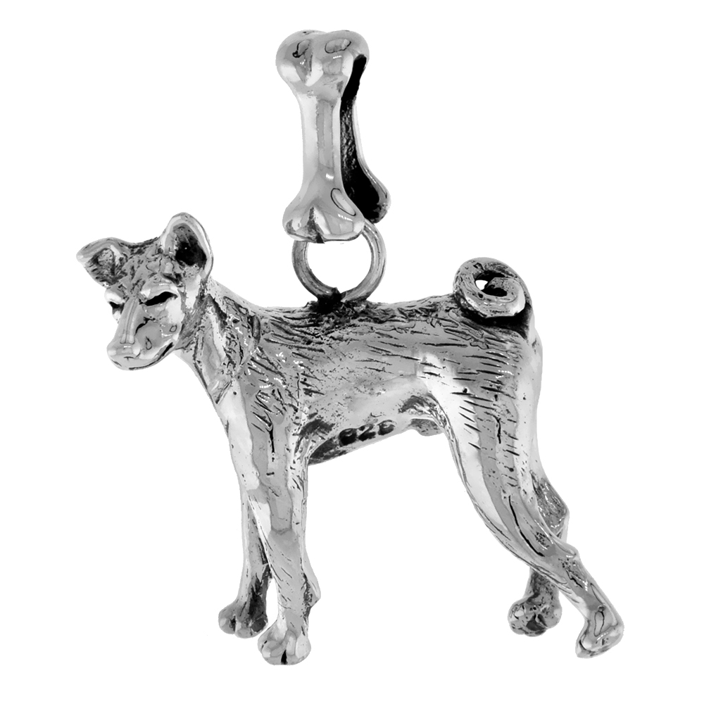 Sterling Silver Basenji Dog Pendant 3-D full Body