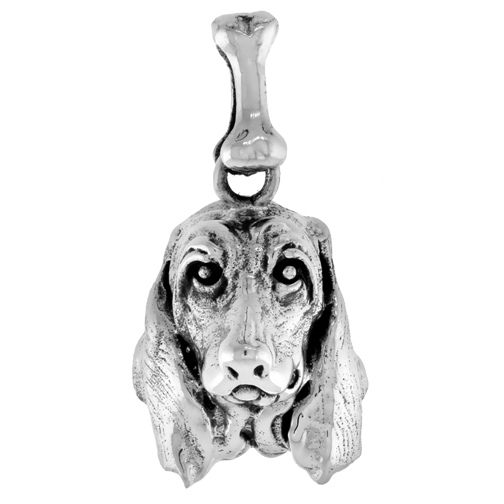 Sterling Silver Basset Hound Dog Pendant Head Looking Forward