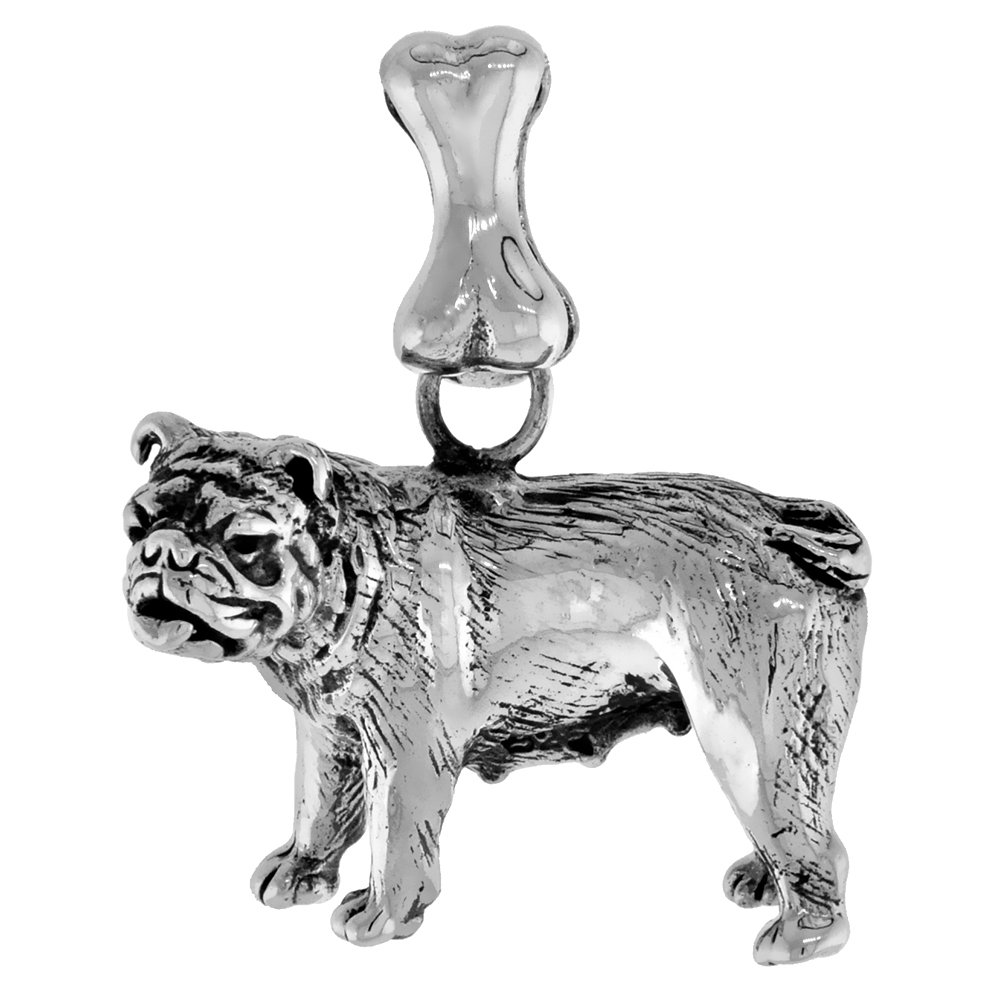 Sterling Silver Bulldog Dog Pendant 3-D full Body