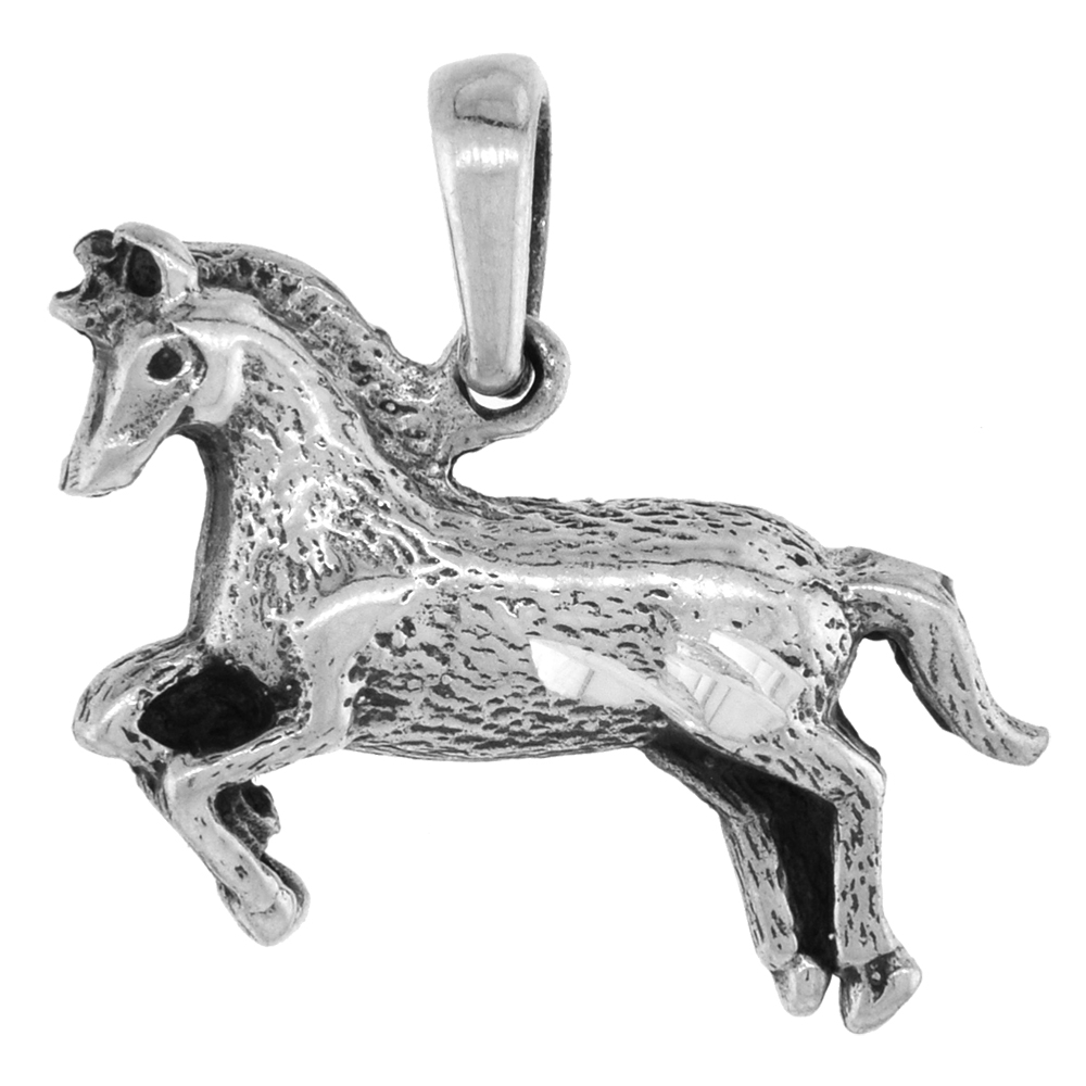 SMALL 3/4 INCH STERLING SILVER PRANCING HORSE PENDANT FOR WOMEN DIAMOND-CUT OXIDIZED FINISH NO CHAIN