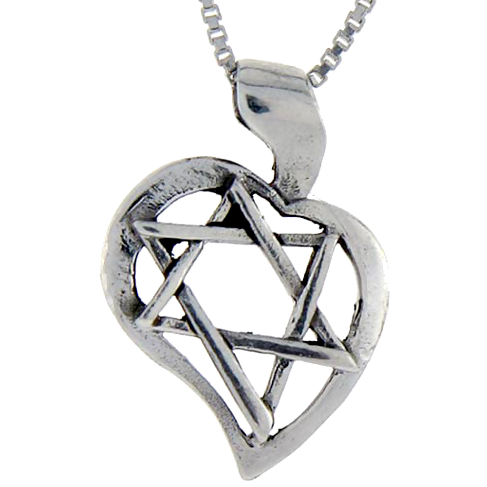 STERLING SILVER STAR OF DAVID IN HEART PENDANT 1 1/8 INCH TALL