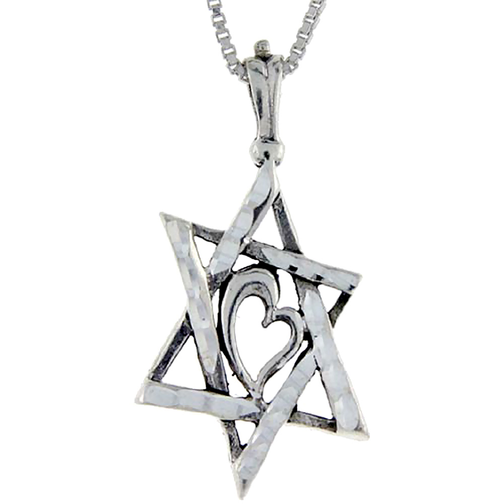 STERLING SILVER STAR OF DAVID WITH HEART PENDANT 1 1/2 INCH TALL